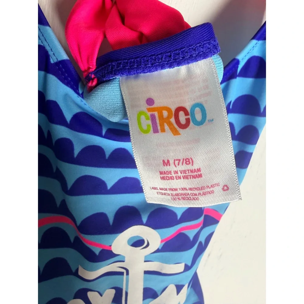 Circo Girls Blue Pink Ahoy Matey Anchor One Piece Swimsuit Size M 7/8 Nautical